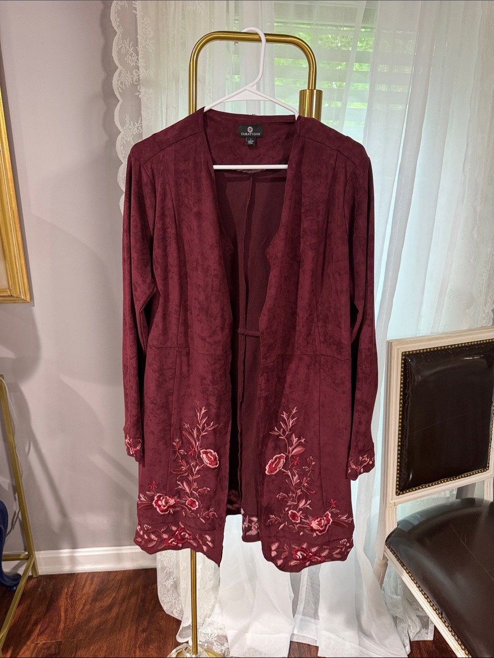 Embroidered Open-Front Suede like material Cardigan Sweater - Wine